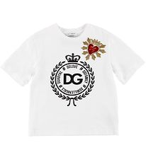 Dolce & Gabbana T-Shirt - Wit m. Patch/kristallen
