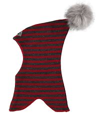 Racing Kids Balaclava w. Pom-Pom - Double Layer - Red/Grey Strip