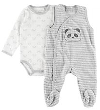 Fixoni Strampler m. Body l/ä - Grau Meliert m. Panda/Streifen