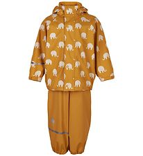 CeLaVi Rainwear w. Suspenders - PU - Mineral Yellow w. Elephants