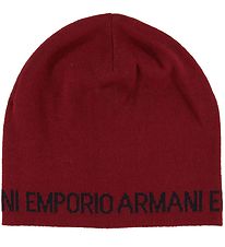 Emporio Armani Gebreide Muts - Wol/Acryl - Donker Rood m. Tekst