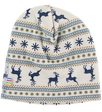 Joha Beanie - Double Layer - Wool - White/Blue w. Pattern