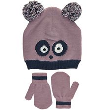 Color Kids Hat w. Mittens - Knitted - Elderberry