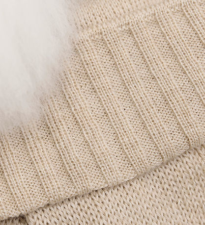 Huttelihut Beanie w. Earflaps - Knitted - Wool - Cement w. Pom-P