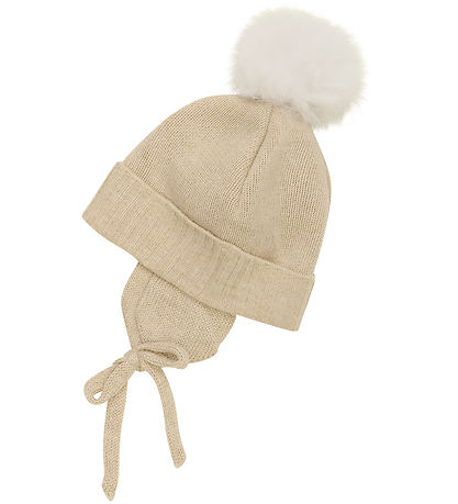 Huttelihut Beanie w. Earflaps - Knitted - Wool - Cement w. Pom-P