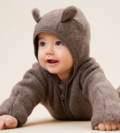 Huttelihut Pramsuit - Wool fleece - Brown Melange w. Ears