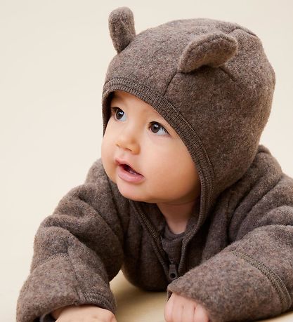 Huttelihut Pramsuit - Wool fleece - Brown Melange w. Ears