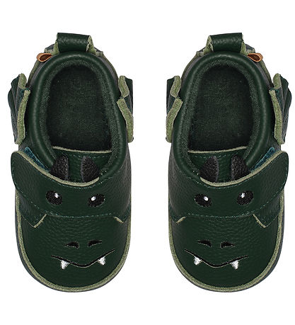 Melton Leder-Krabbelschuhe - Dark Green m. Drache