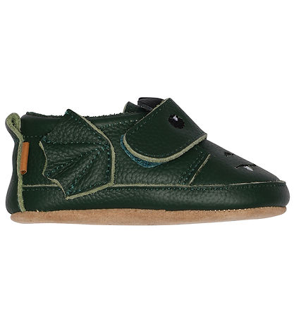 Melton Leder-Krabbelschuhe - Dark Green m. Drache