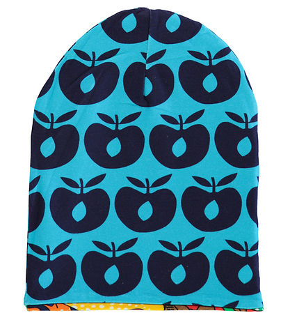 Småfolk Beanie - Reversible - Apple Red w. Apples And Dinosaurs