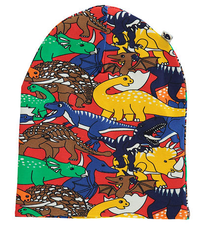 Småfolk Beanie - Reversible - Apple Red w. Apples And Dinosaurs