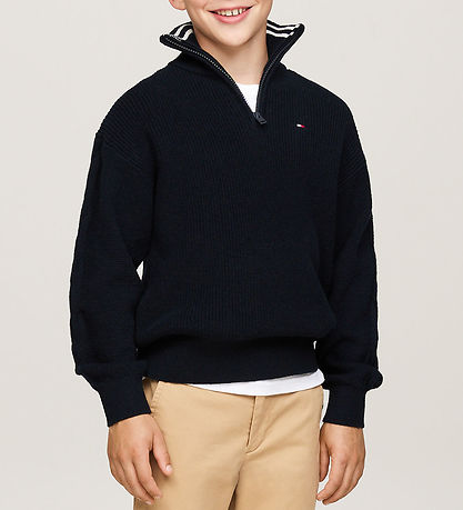 Tommy Hilfiger Blússa - Prjónað - Hálf rennilás - Desert Sky