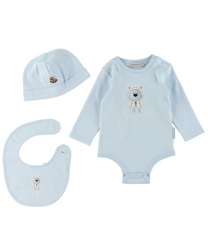 Moncler Set - Mütze/Babylätzchen/Body L/æ - Hellblau m. Kuschelt