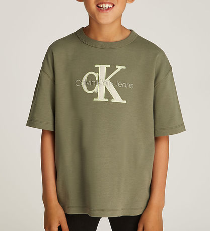 Calvin Klein Stuttermabolur - Útlínur Flís Mono - Dusty Olive