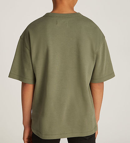 Calvin Klein Stuttermabolur - Útlínur Flís Mono - Dusty Olive