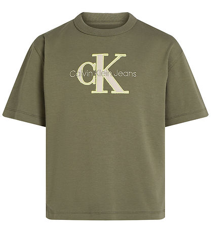 Calvin Klein Stuttermabolur - Útlínur Flís Mono - Dusty Olive