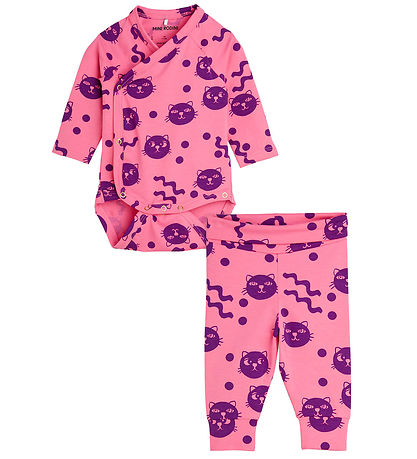 Mini Rodini Ungbarnasett - Squiggly kettir - Bleikt