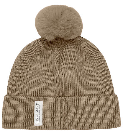 En Fant Beanie - Wool/Acrylic - Pine Bark w. Faux Fur Pom Pom