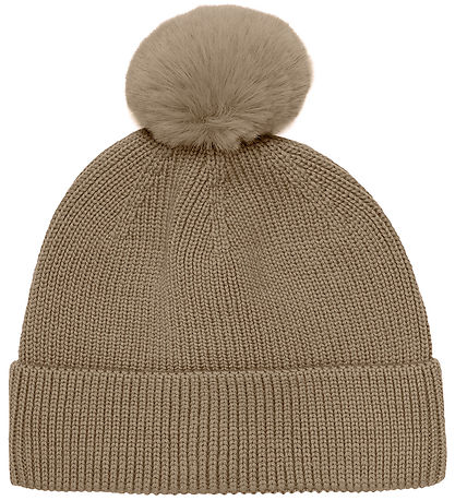 En Fant Beanie - Wool/Acrylic - Pine Bark w. Faux Fur Pom Pom