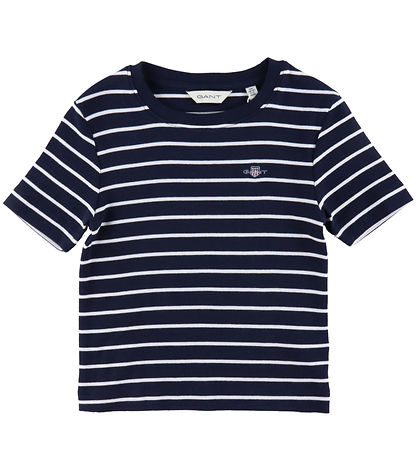 GANT Stuttermabolur - Striped Shield Slim - Rib - Evening Blue