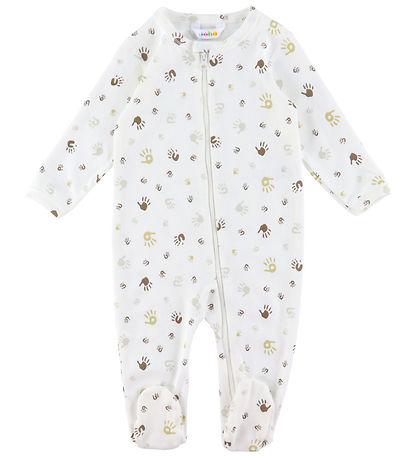 Joha Strampler m. Fuß - Off White m. Print