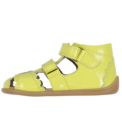 Pom Pom Sandals - Two Velcro Scalloped - Yellow Patent