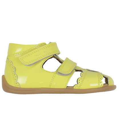 Pom Pom Sandals - Two Velcro Scalloped - Yellow Patent