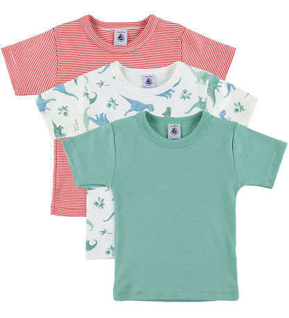 Petit Bateau Stuttermabolur - 3 Pakki - Grænt/Rautt