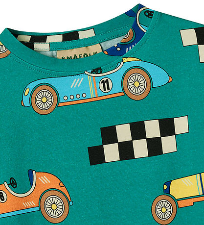 Småfolk Stuttermabolur - Teal M. Kappakstursbílar