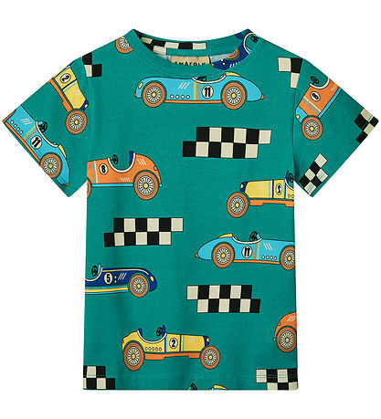 Småfolk Stuttermabolur - Teal M. Kappakstursbílar