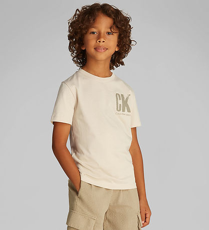 Calvin Klein Stuttermabolur - Bringa Surf Grafík - Oyster Grey