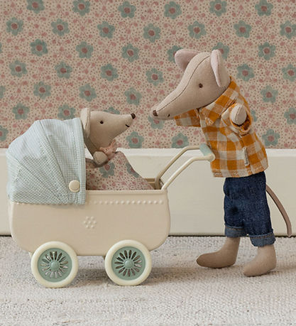 Maileg Miniature Doll Stroller w. Baby Mouse - Mouse - Mint