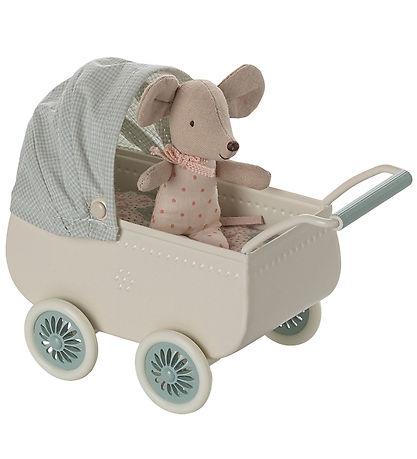 Maileg Miniature Doll Stroller w. Baby Mouse - Mouse - Mint