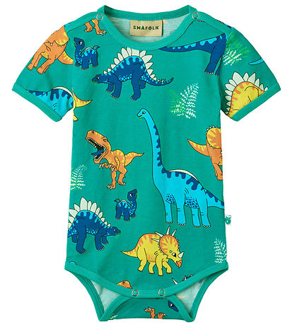 Småfolk Bodysuit s/s - Teal w. Dinosaurs