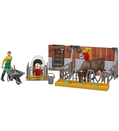 Bruder Spielset - bworld - Stall m. Bauer, Kuh & Kalb - 62611