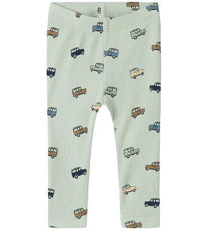 Name It Leggings - Rib - NbmHukab - Aqua Grå m. Bilar
