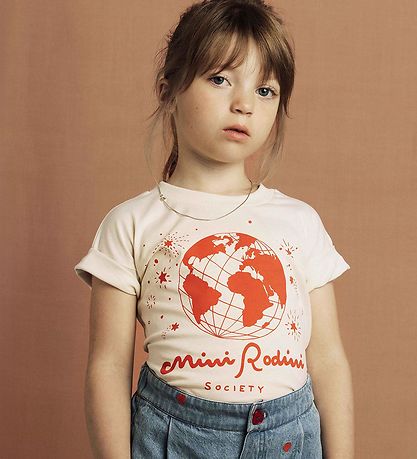 Mini Rodini Stuttermabolur - Samfélag - Offwhite/Rautt