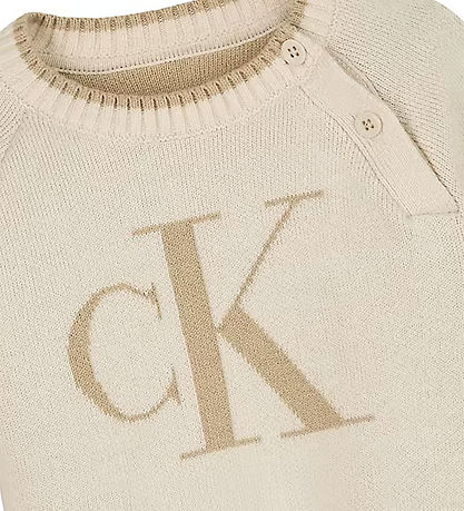 Calvin Klein Tröja - Stickad - Flöjig Logo - Vithätta Grå