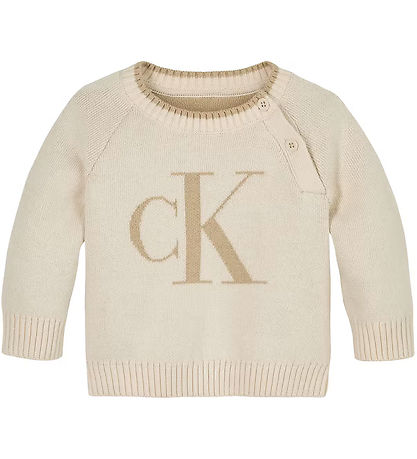 Calvin Klein Tröja - Stickad - Flöjig Logo - Vithätta Grå