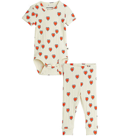 Mini Rodini Set - Leggings/Body k/ä - Rib - Offwhite m. Hjärtan