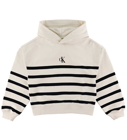 Sweat à Capuche Calvin Klein - Logo Coupe carrée Rayures - White
