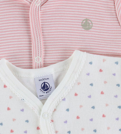 Petit Bateau Schlafanzug - 2er-Pack - Weiß/Rosa m. Herzen/Streif