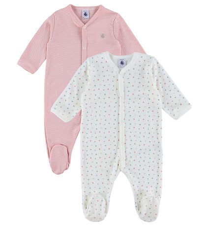 Petit Bateau Schlafanzug - 2er-Pack - Weiß/Rosa m. Herzen/Streif