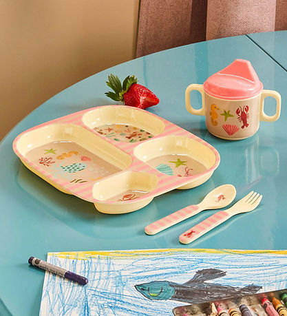 Rice Dinner Set - Melamine - 4 Parts - Ocean Print - Coral
