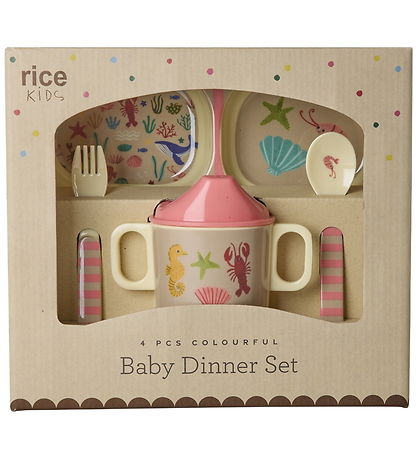 Rice Dinner Set - Melamine - 4 Parts - Ocean Print - Coral