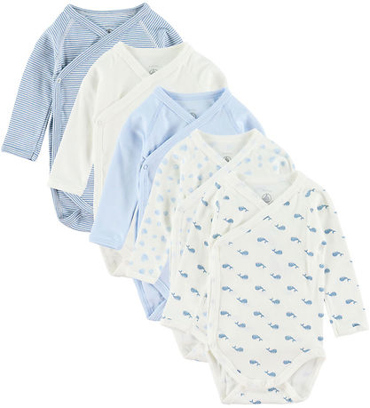Petit Bateau Wrap samfella l/e - 5 Pakki - Hvítur/Blátt M. Hvalu