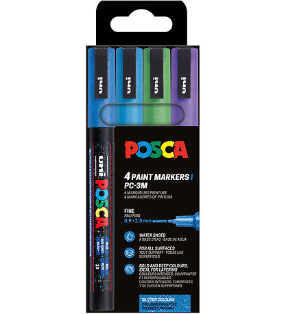 Posca Tússlitir - PC-3M - 4 Stk. - Blátt/Grænt/Fjólublátt M. Gli