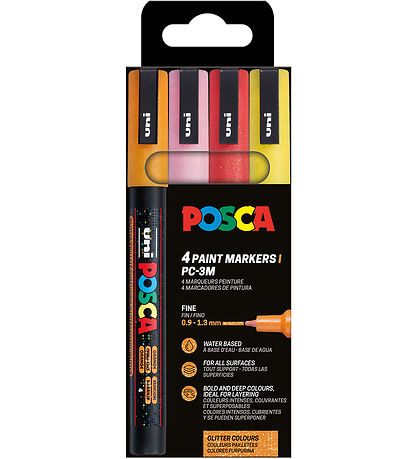 Posca Markers - PC-3M - 4 pcs - Orange/Pink/Red/Yellow w. Glitte