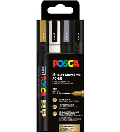 Posca Tusjer - PC-3M - 4 stk. - Gull/Hvit/Sølv/Svart