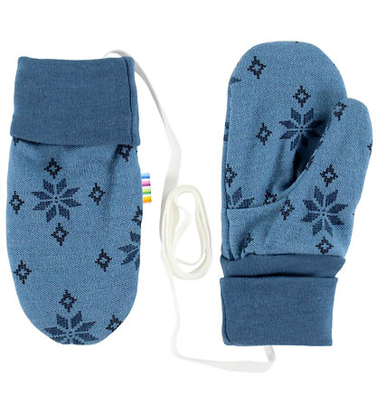 Joha Mittens w. Thumb - 2-layer - Wool/Cotton - Blue w. Snowflak